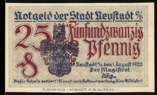 Notgeld Neustadt /OS 1920, 25 Pfennig, Wappen und innerer Schlosshof