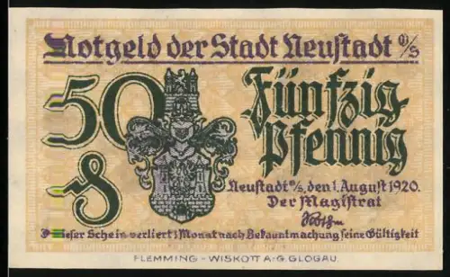 Notgeld Neustadt /OS 1920, 50 Pfennig, Wappen mit innerem Schlosshof