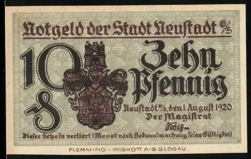 Notgeld Neustadt /O.S. 1920, 10 Pfennig, Stadtwappen und Innenhof eines Schlosses