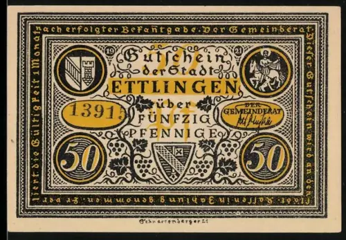 Notgeld Ettlingen 1921, 50 Pfennig, Stadtwappen und historische Szene mit Urteilsspruch