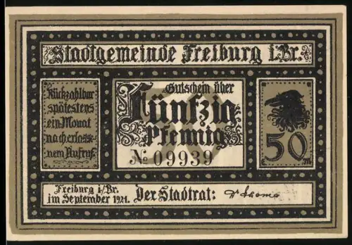 Notgeld Freiburg i. Br. 1921, 50 Pfennig, Adler und Stadtszene mit Wappen