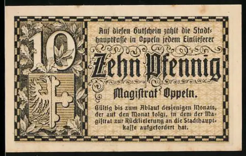 Notgeld Oppeln, 10 Pfennig, Ortsansicht mit Turm und Wappen