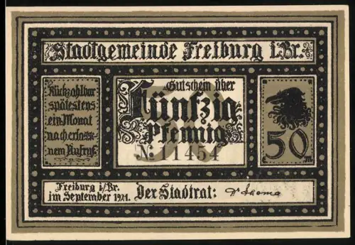 Notgeld Freiburg i. Br. 1921, 50 Pfennig, Ortsansicht und Wappen mit Löwe