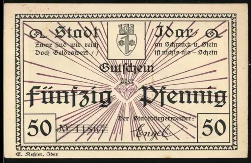 Notgeld Idar, 50 Pfennig, Strahlenmotiv mit Diamant und Achatschleife am Idarbach