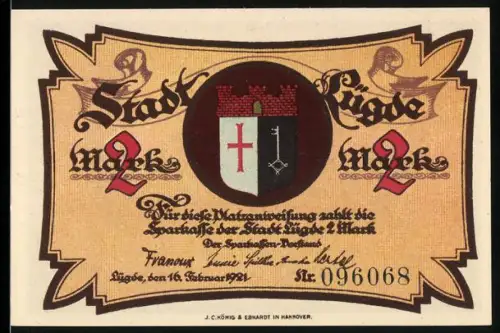 Notgeld Lügde 1921, 2 Mark, Stadtwappen und St. Kilianskirche Illustration