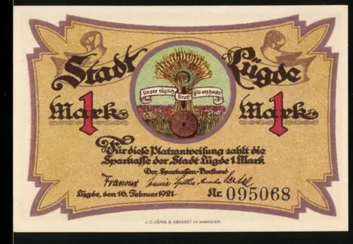 Notgeld Lügde 1921, 1 Mark, Spruchband und Feuerszene zu Ostern