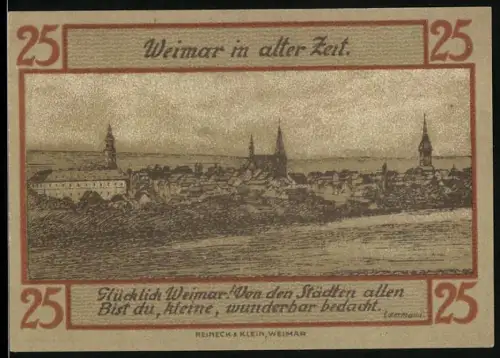 Notgeld Weimar, 25 Pfennig, Ortsansicht und Silhouetten mit Löwenwappen