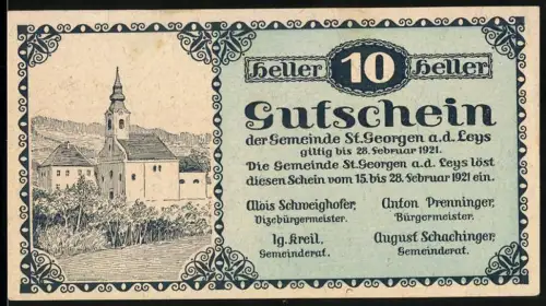 Notgeld St. Georgen a.d. Leys 1921, 10 Heller, Kirche und Landschaftsmotiv