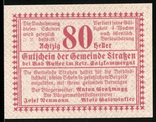 Notgeld Strassen bei Bad Aussee 1920, 80 Heller, Textgestaltung ohne Motiv