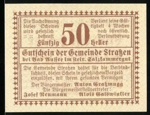 Notgeld Strassen bei Bad Aussee 1920, 50 Heller, Text und dekorativer Rand