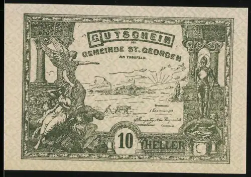 Notgeld St. Georgen am Ybbsfeld 1920, 10 Heller, Allegorische Szene mit Landschaft und Figuren