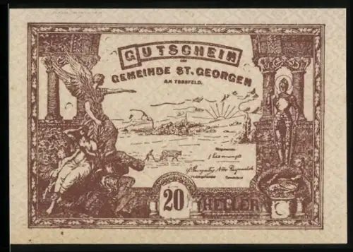 Notgeld St. Georgen am Ybbsfeld 1920, 20 Heller, mythologische Szene mit Landschaft im Hintergrund