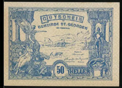 Notgeld St. Georgen am Ybbsfeld 1920, 50 Heller, antike Szene mit Engel und Landschaft