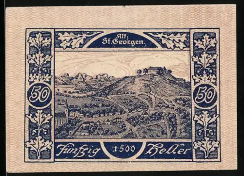 Notgeld St. Georgen, 50 Heller, Landschaft mit Burg und Kirche, Eichenlaub-Dekor