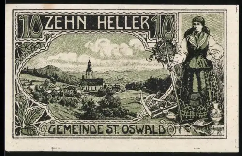Notgeld St. Oswald 1920, 10 Heller, Landschaftspanorama und Frau mit traditioneller Tracht