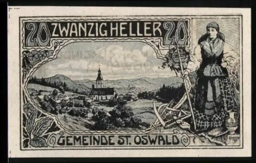 Notgeld St. Oswald 1920, 20 Heller, Landschaft mit Kirche und Frau in Tracht