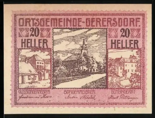 Notgeld Gerersdorf 1920, 20 Heller, Landschaft mit Kirche und Gebäuden