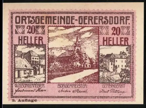 Notgeld Gerersdorf 1920, 20 Heller, Dorfansichten mit Kirche und Gebäuden