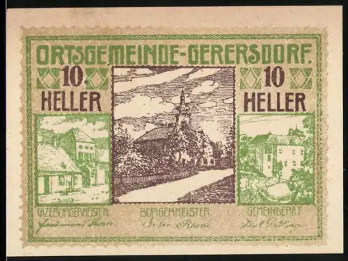 Notgeld Gerersdorf 1920, 10 Heller, Ortsansichten mit Kirche und Gebäuden