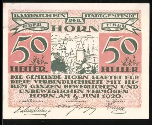 Notgeld Horn 1920, 50 Heller, Ortsansicht mit Türmen und Landschaft