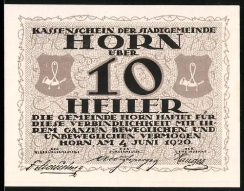 Notgeld Horn 1920, 10 Heller, Text und Wappen mit Füllfederhalter-Motiv