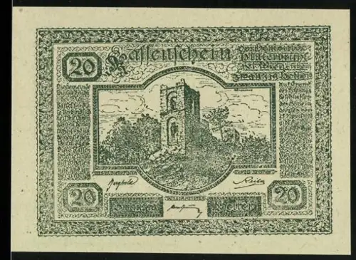Notgeld Hinterbrühl bei Wien 1920, 20 Heller, Ruinenmotiv mit Julienturm und Landschaft