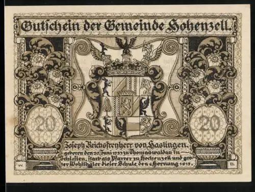 Notgeld Hohenzell 1920, 20, Wappen und Landschaft mit Ortsansicht