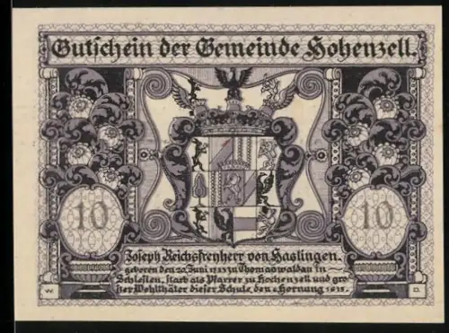 Notgeld Hohenzell 1920, 10 Heller, Wappen und ländliche Szene mit Gebäuden