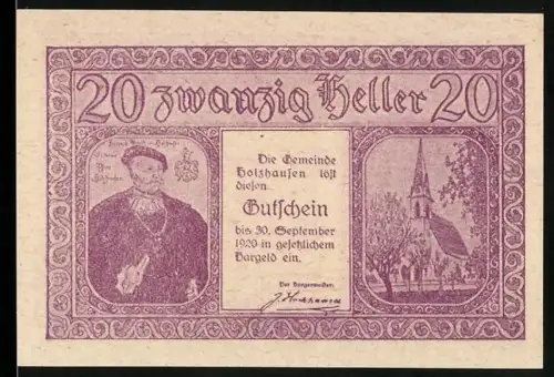 Notgeld Holzhausen 1920, 20 Heller, Porträt eines Mannes, Kirche, Gebäudeansichten