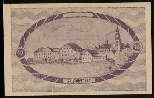 Notgeld St. Agatha b. W. 1920, 10 Heller, Ortsansicht mit Kirche und Gebäuden
