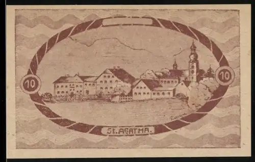Notgeld St. Agatha b. W. 1920, 10 Heller, Ortsansicht mit Kirche und Gebäuden im Ovalrahmen