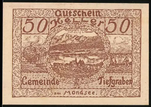 Notgeld Tiefgraben am Mondsee 1920, 50 Heller, Landschaft mit Mondsee und Blumenmuster