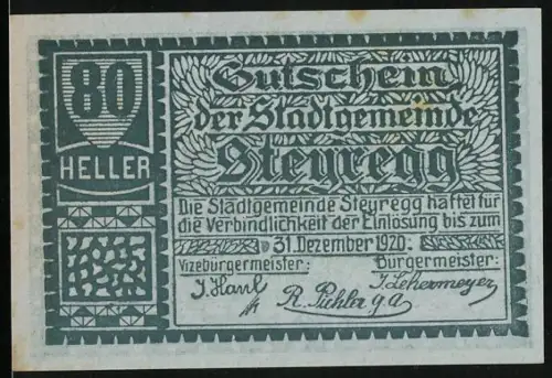 Notgeld Steyregg 1920, 80 Heller, Ortsansicht von Steyregg 1677 mit dekorativem Blumenmuster