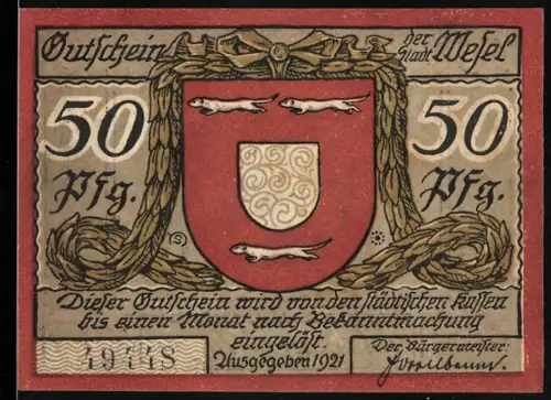 Notgeld Wesel 1921, 50 Pfennig, Zitadellentor und Wappen mit Hermelinen
