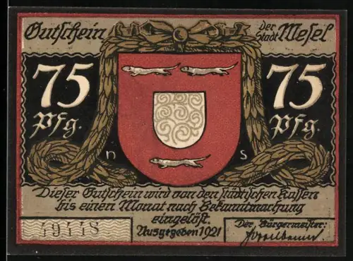 Notgeld Wesel 1921, 75 Pfennig, Wappen mit Hermelin und dramatische Silhouette einer Erschiessung