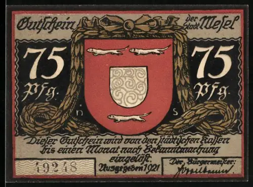 Notgeld Wesel 1921, 75 Pfennig, Wappen und Silhouette Der letzte Gang