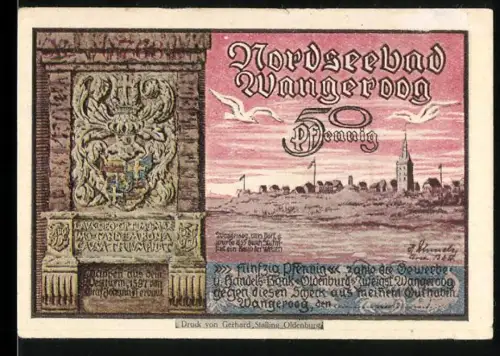 Notgeld Wangeroog, 50 Pfennig, Wappen und Küstenlandschaft mit Westturm und Fischer