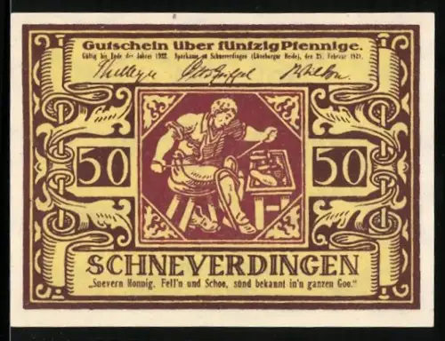 Notgeld Schneverdingen 1921, 50 Pfennig, Handwerker und florale Ornamente