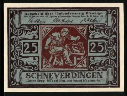 Notgeld Schneverdingen 1921, 25 Pfennig, Schuhmacher bei der Arbeit, florales Muster