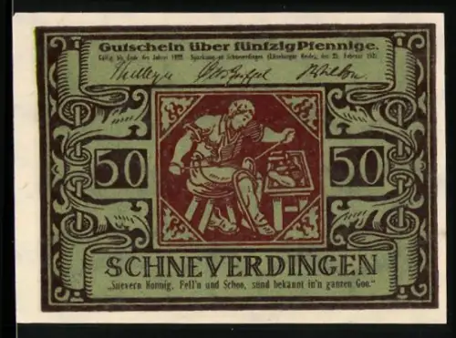 Notgeld Schneverdingen 1921, 50 Pfennig, Mann an einem Tisch mit Schreibutensilien, florales Design