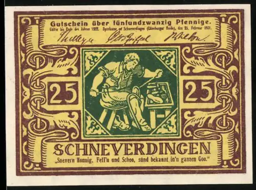 Notgeld Schneverdingen 1921, 25 Pfennig, Handwerker und florale Ornamente