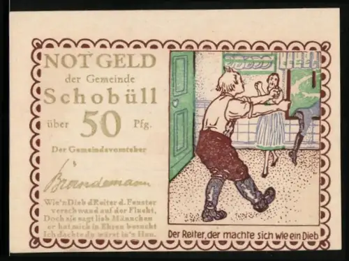 Notgeld Schobüll, 50 Pfennig, Mann und Frau in Raum mit Tür, Herz und Getreidebündel