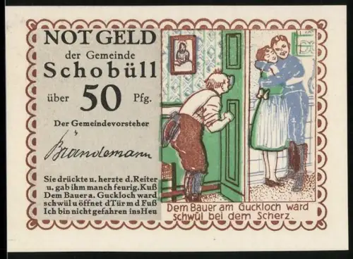 Notgeld Schobüll, 50 Pfennig, Bauer am Guckloch, humorvolle Szene