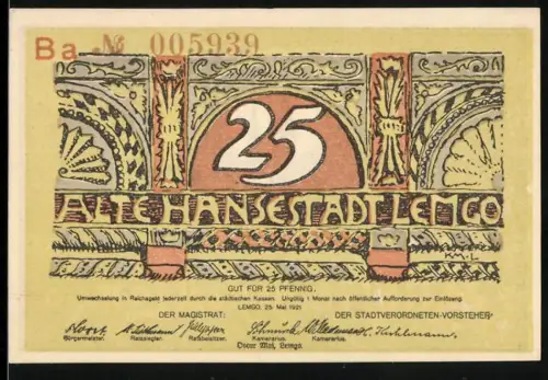 Notgeld Lemgo 1921, 25 Pfennig, dekorative Ornamente und Stadtsilhouette