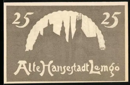 Notgeld Lemgo 1921, 25 Pfennig, Stadtsilhouette und dekoratives Muster