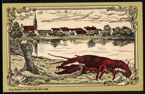 Notgeld Nörenberg 1920, 75 Pfennig, Flusslandschaft mit Flusskrebs und Ortsansicht