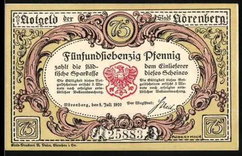 Notgeld Nörenberg 1920, 75 Pfennig, Ortsansicht mit Fluss und Hummer, Wappen
