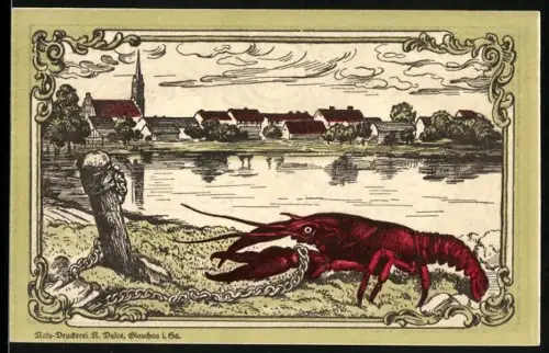 Notgeld Nörenberg 1920, 75 Pfennig, roter Flusskrebs am Ufer vor Ortsansicht, Wappen