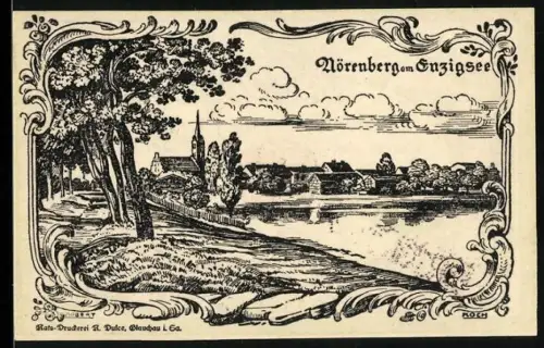Notgeld Nörenberg am Enzigsee 1920, 75 Pfennig, Landschaft mit See und Bäumen, roter Adler im Ornament