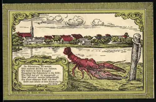 Notgeld Nörenberg 1920, 75 Pfennig, Flusslandschaft mit Flusskrebs und Ortsansicht im Hintergrund